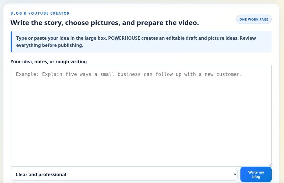 Creator with large idea box and Write my blog button