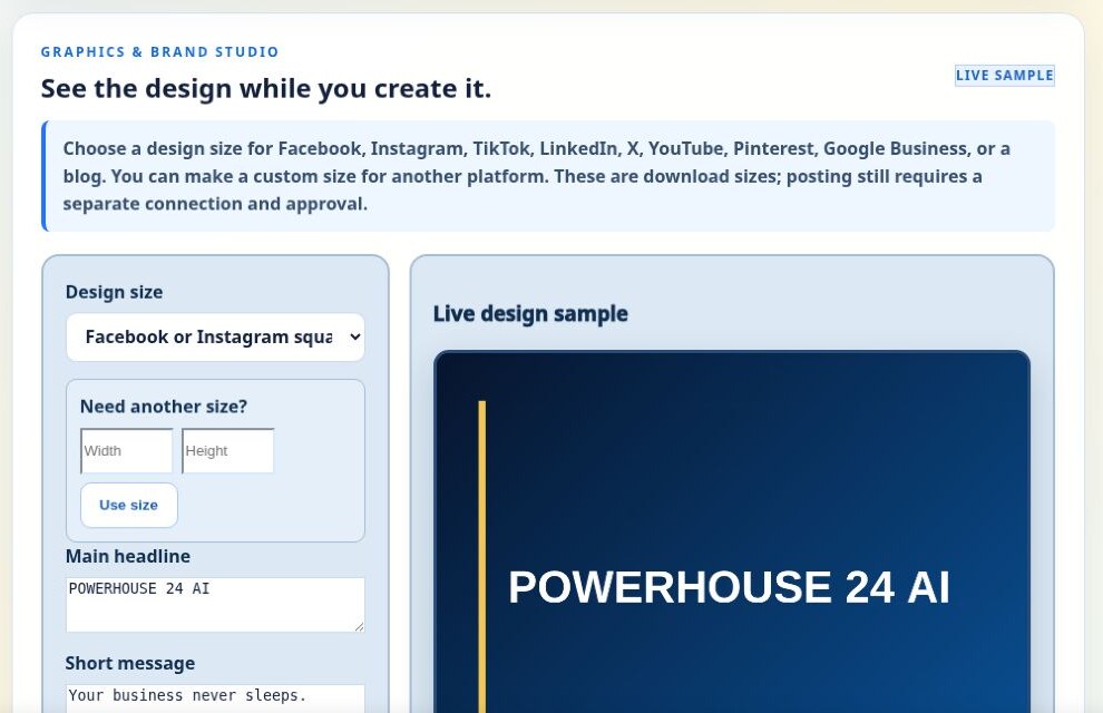 Graphics and Brand Studio showing design controls and a live sample